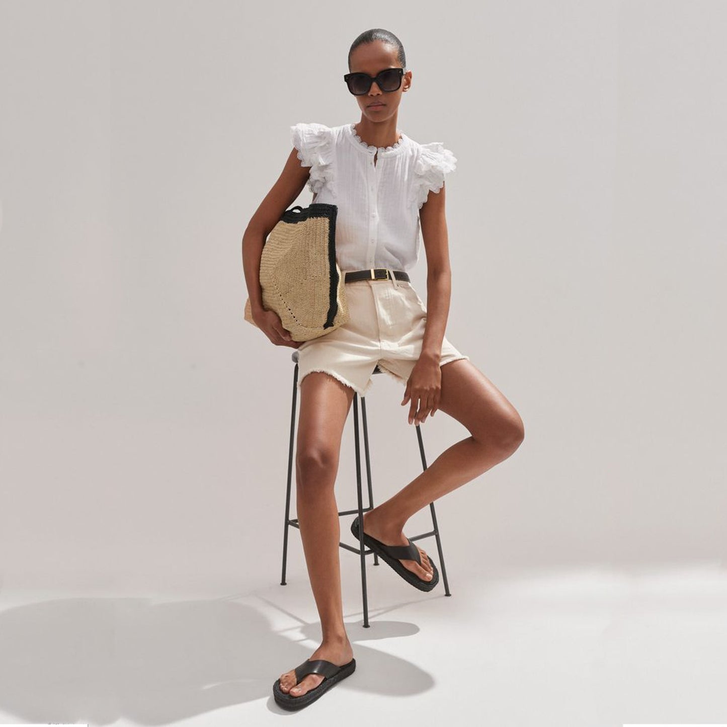 ME+EM Cheesecloth Ruffle Sleeveless Blouse In Soft White