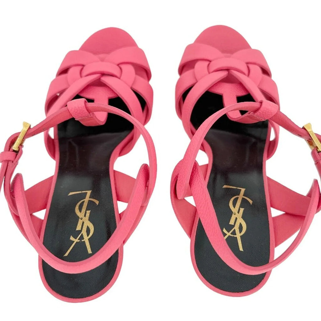 SAINT LAURENT Grained Calfskin Tribute 75 Platform Sandals in Rose Clair 37 - flyKAMP