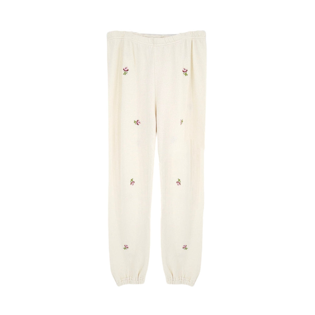 THE GREAT. The Stadium Sweatpant. Washed White with Embroidered Roses 0|XS The Great.
