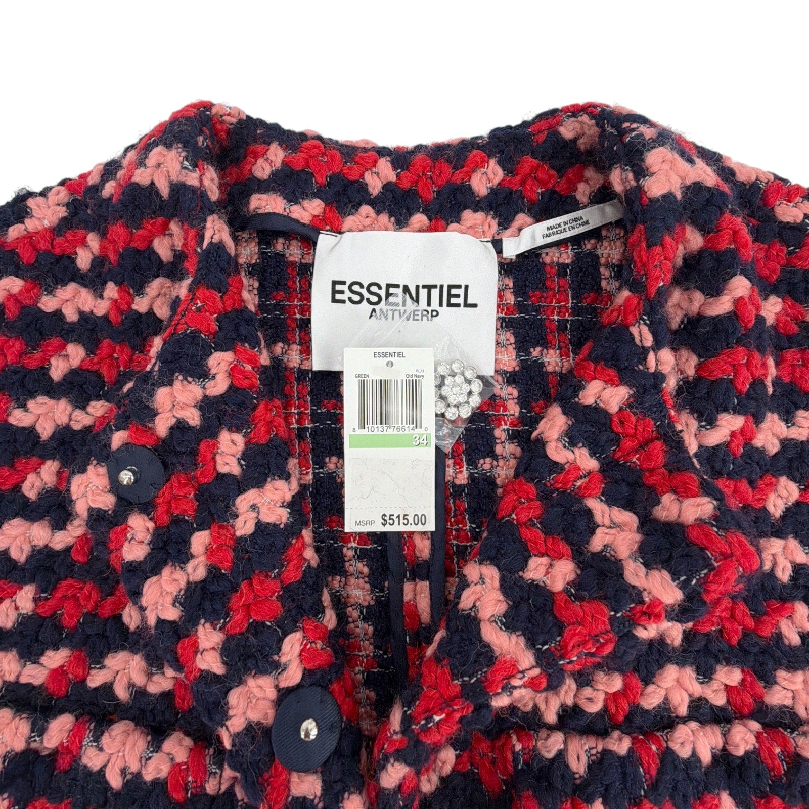 ESSENTIEL ANTWERP Wool Blend Tweed Jacket in Navy Peach & Red XS Essentiel Antwerp
