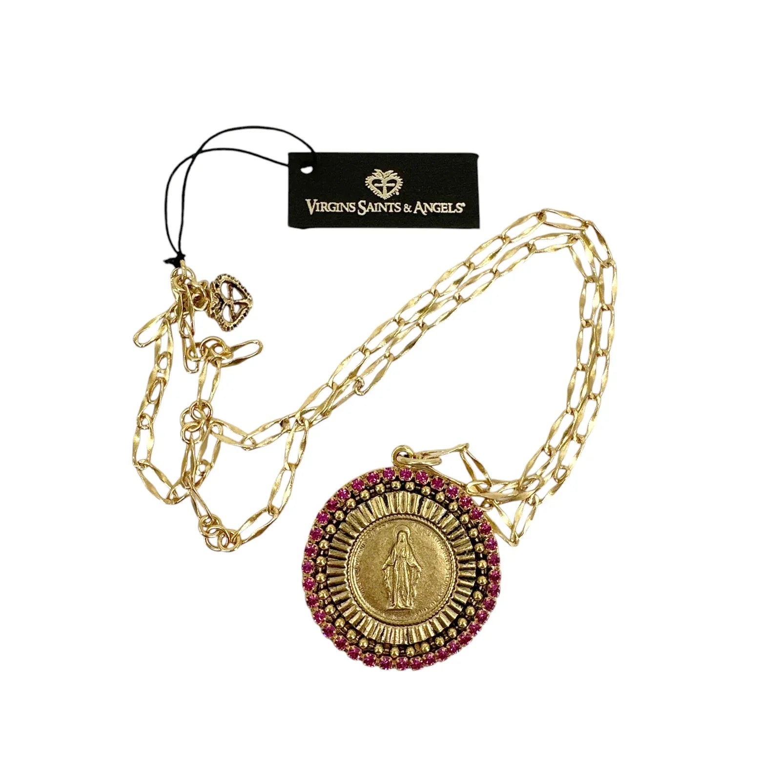 VIRGINS SAINTS & ANGELS Disco Virgin Charm Necklace Gold & Fuchsia - flyKAMP