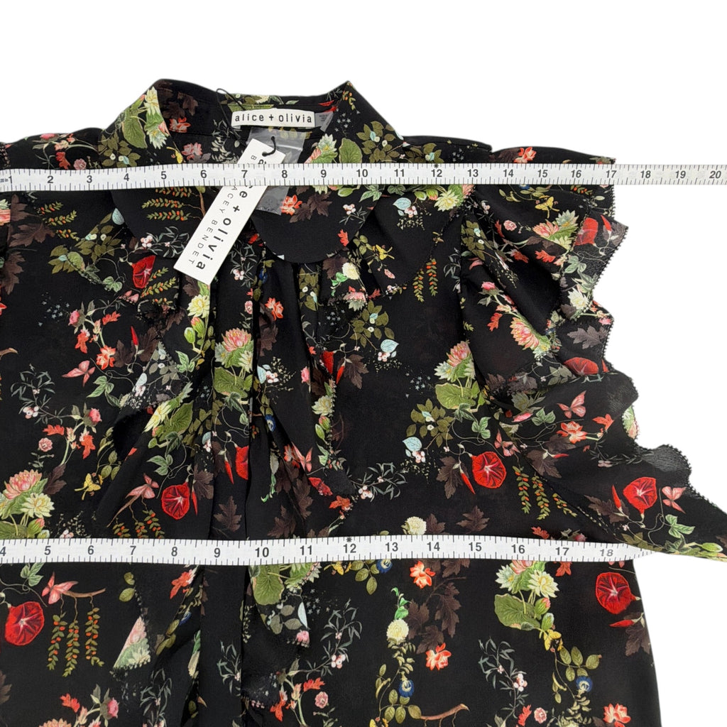 ALICE+OLIVIA Floral Ruffle Blouse in Blush Kiss Black S Alice + Olivia