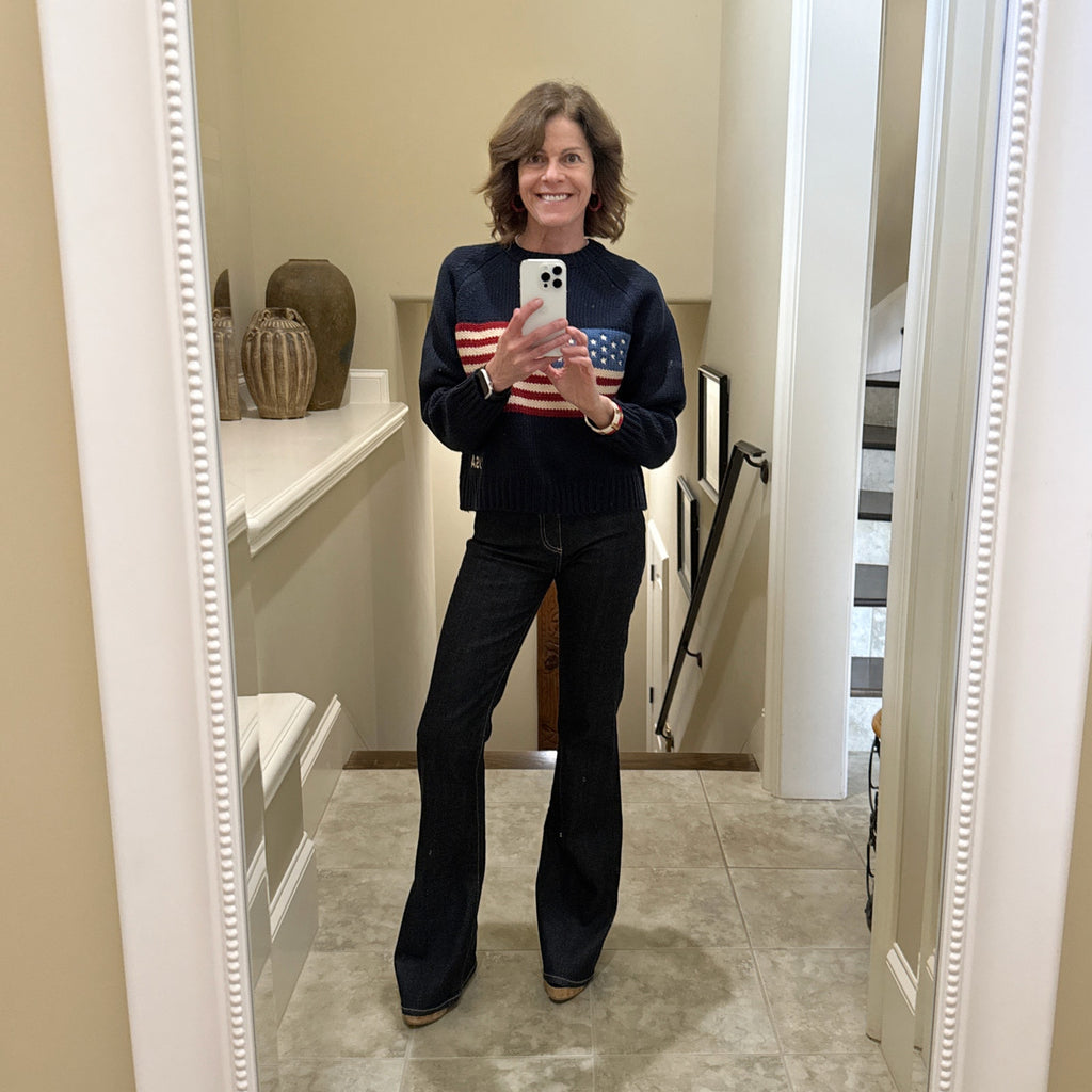 PINK PINEAPPLE Crop Vintage Acrylic Flag Sweater in Navy XS/S Pink Pineapple