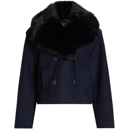 MERCER COLLECTIVE Georgia Faux Fur Collar Double-Breasted Peacoat S