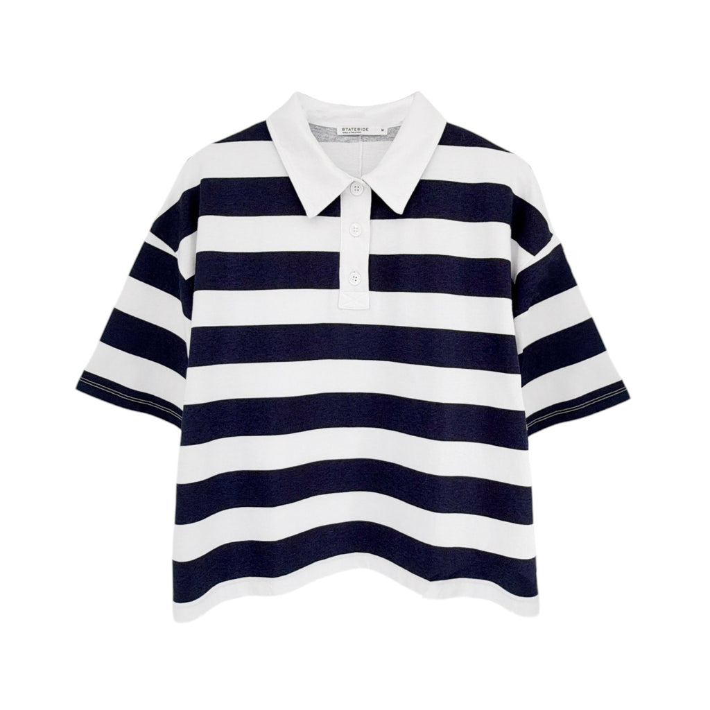 STATESIDE Rugby Stripe Short Sleeve Boxy Polo Navy & White M Stateside