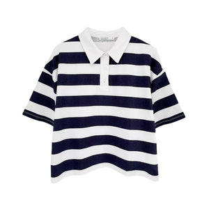 STATESIDE Rugby Stripe Short Sleeve Boxy Polo Navy & White M