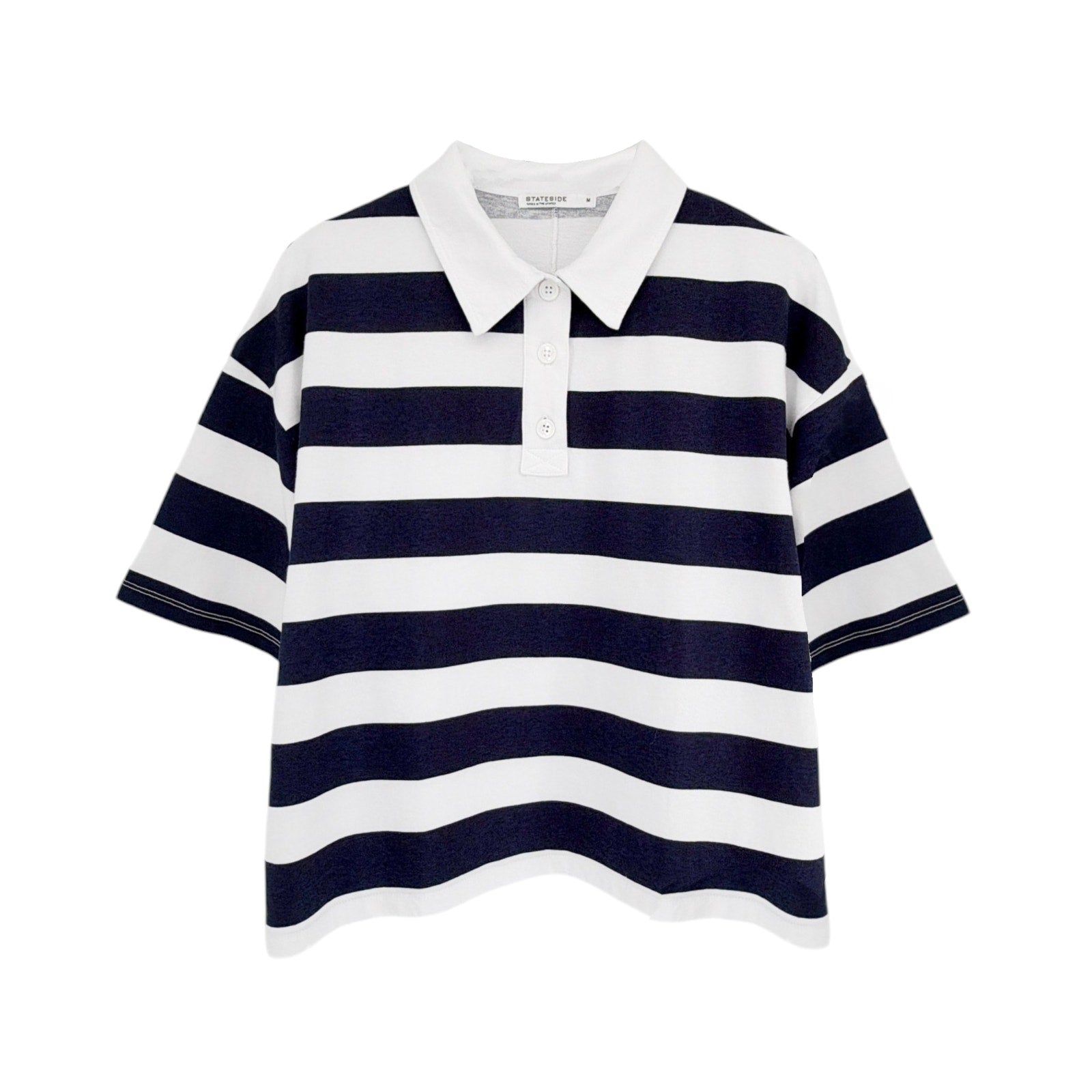 STATESIDE Rugby Stripe Short Sleeve Boxy Polo Navy & White M Stateside