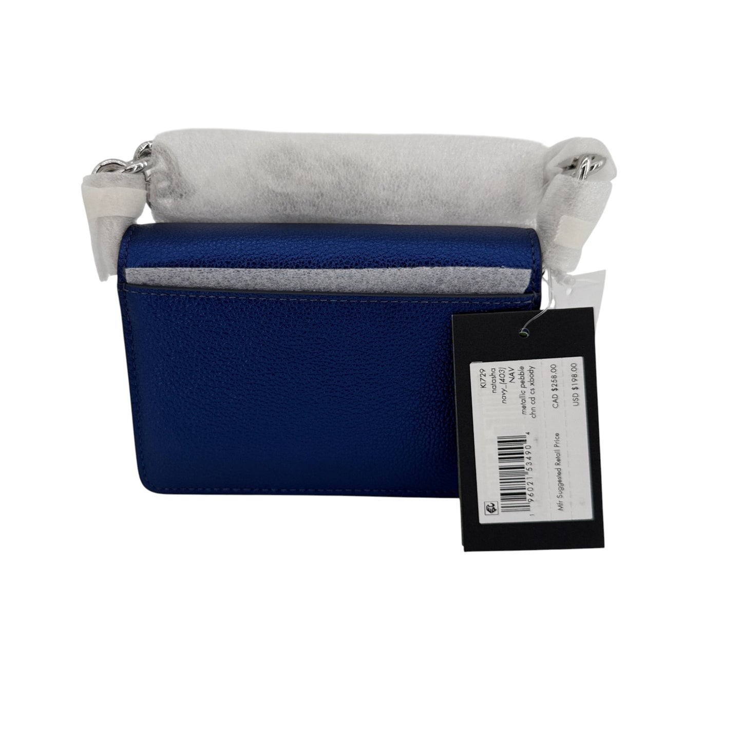 KATE SPADE Natasha Metallic Pebbled Leather Chain Compact Wristlet in Navy