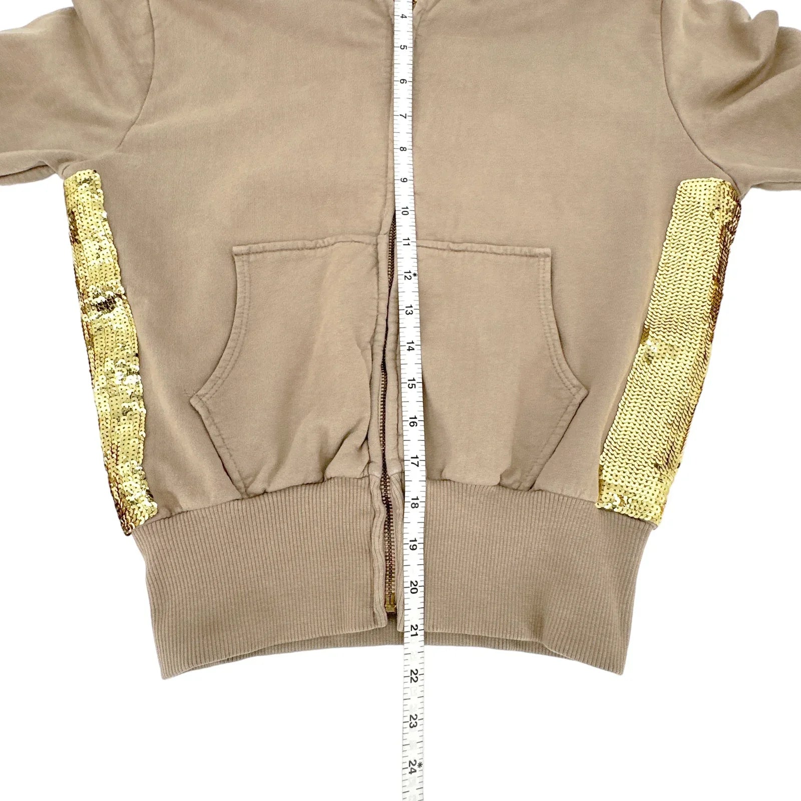 PRIMP Sequin Zip Hoodie in Tan & Gold S - flyKAMP