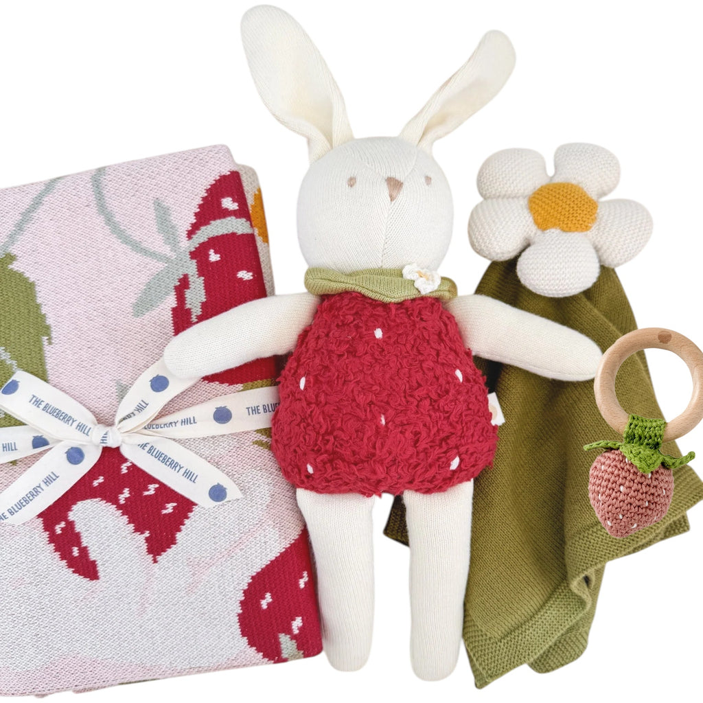 THE BLUEBERRY HILL Strawberry Bunny Baby Gift Basket: Wicker Suitcase The Blueberry Hill