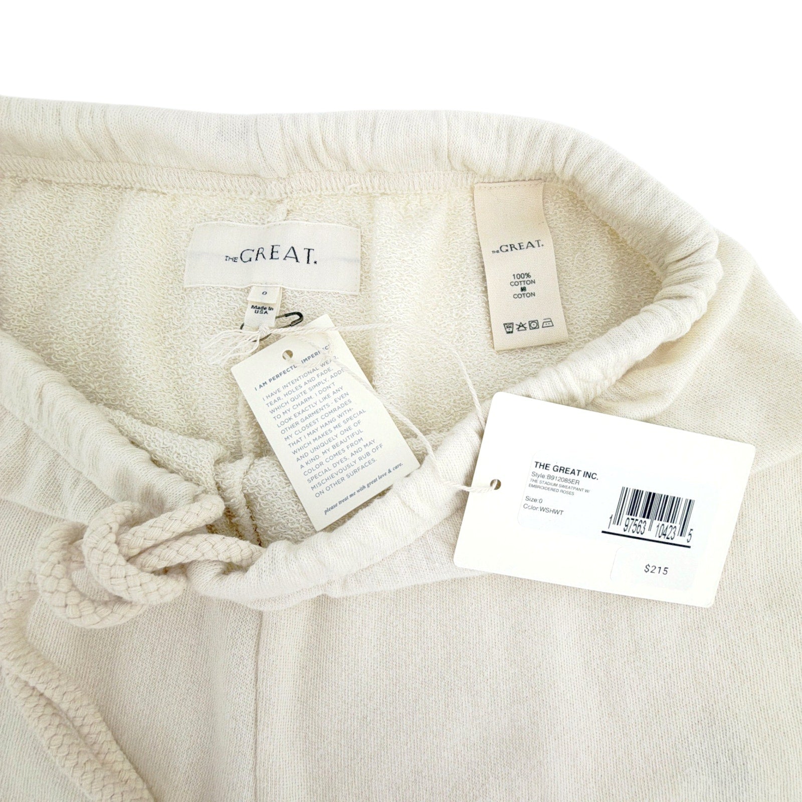THE GREAT. The Stadium Sweatpant. Washed White with Embroidered Roses 0|XS The Great.