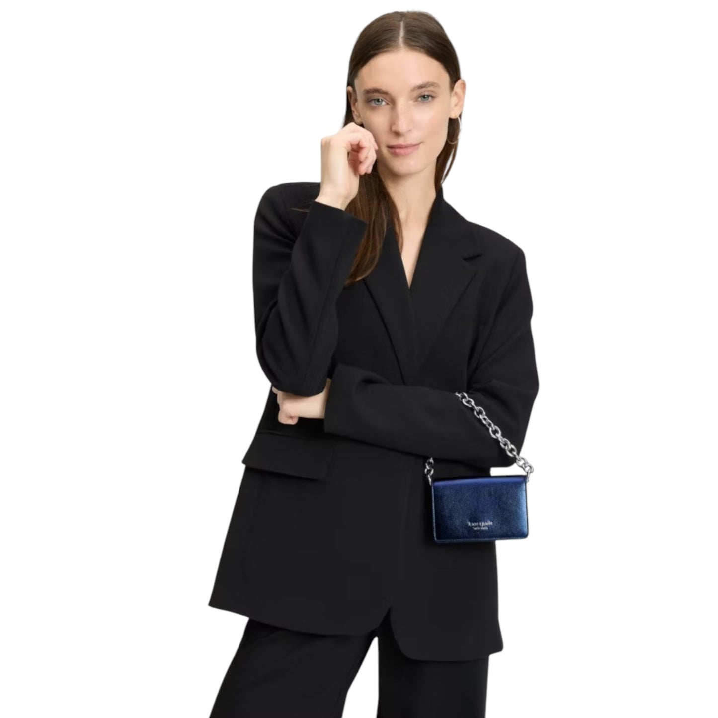 KATE SPADE Natasha Metallic Pebbled Leather Chain Compact Wristlet in Navy