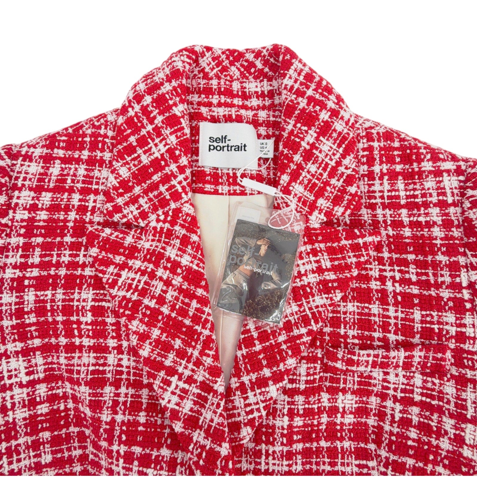 SELF-PORTRAIT Bouclé Checked Blazer in Red Self-Portrait