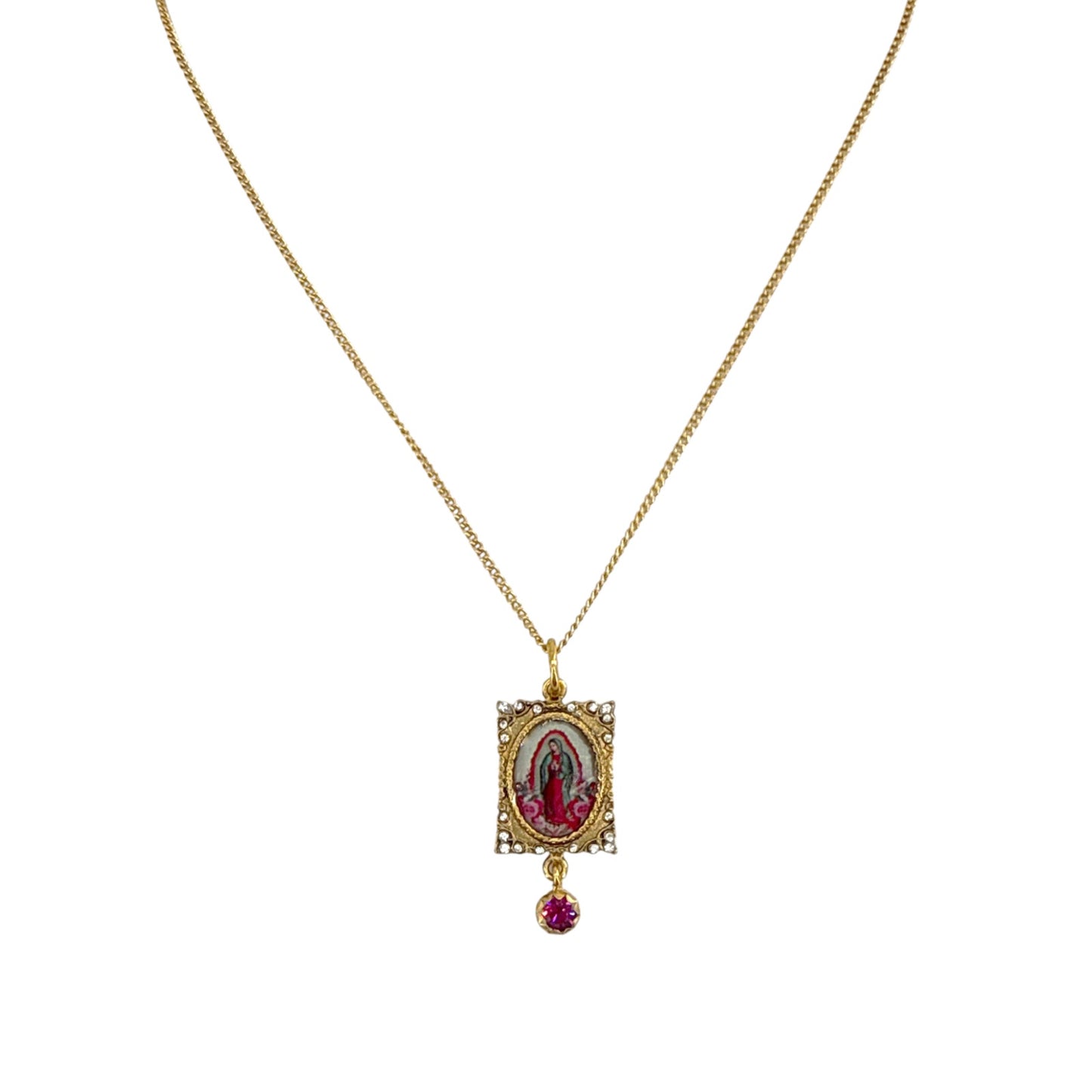 VIRGINS SAINTS & ANGELS VSA Retablo Pink Guadalupe Charm Necklace in Gold