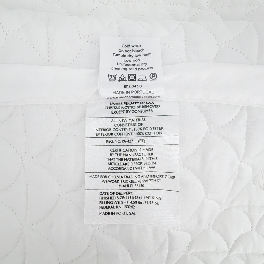AMALIA Home Collection 430 Thread Count Quilted Coverlet King in White Amalia