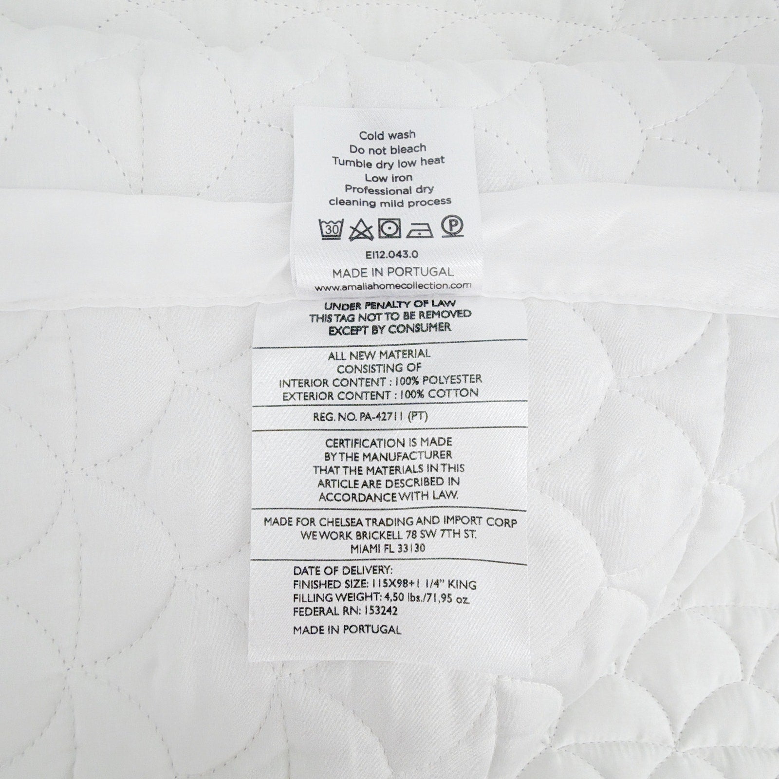 AMALIA Home Collection 430 Thread Count Quilted Coverlet King in White Amalia