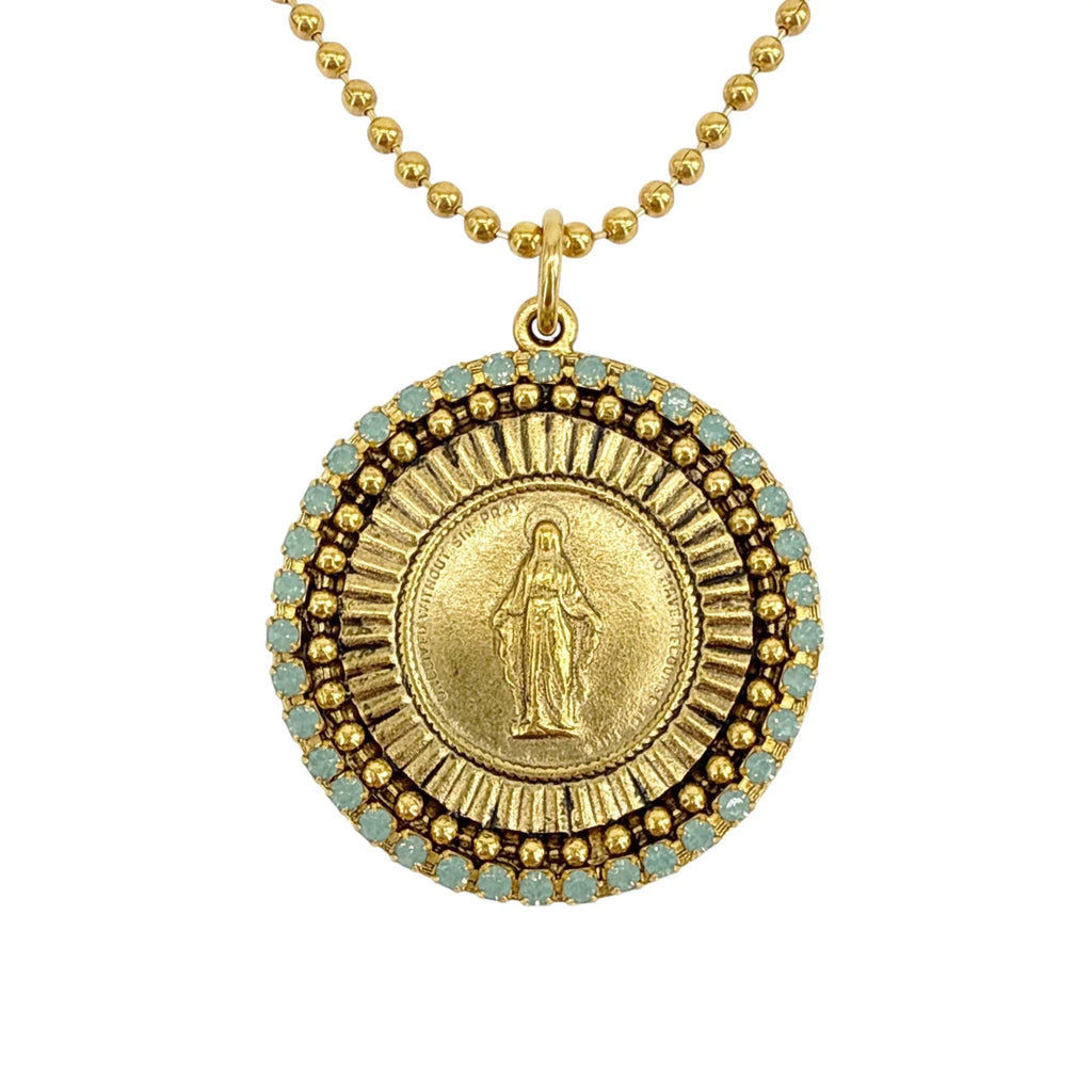 VIRGINS SAINTS & ANGELS VSA Disco Virgin Charm Necklace in Gold & Pacific Opal - flyKAMP