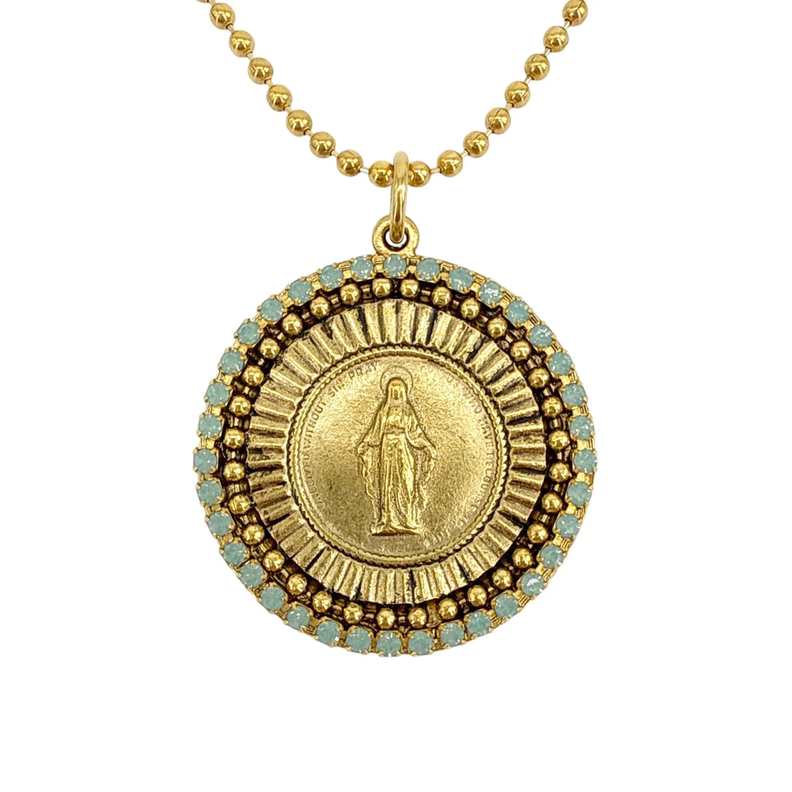 VIRGINS SAINTS & ANGELS VSA Disco Virgin Charm Necklace in Gold & Pacific Opal - flyKAMP