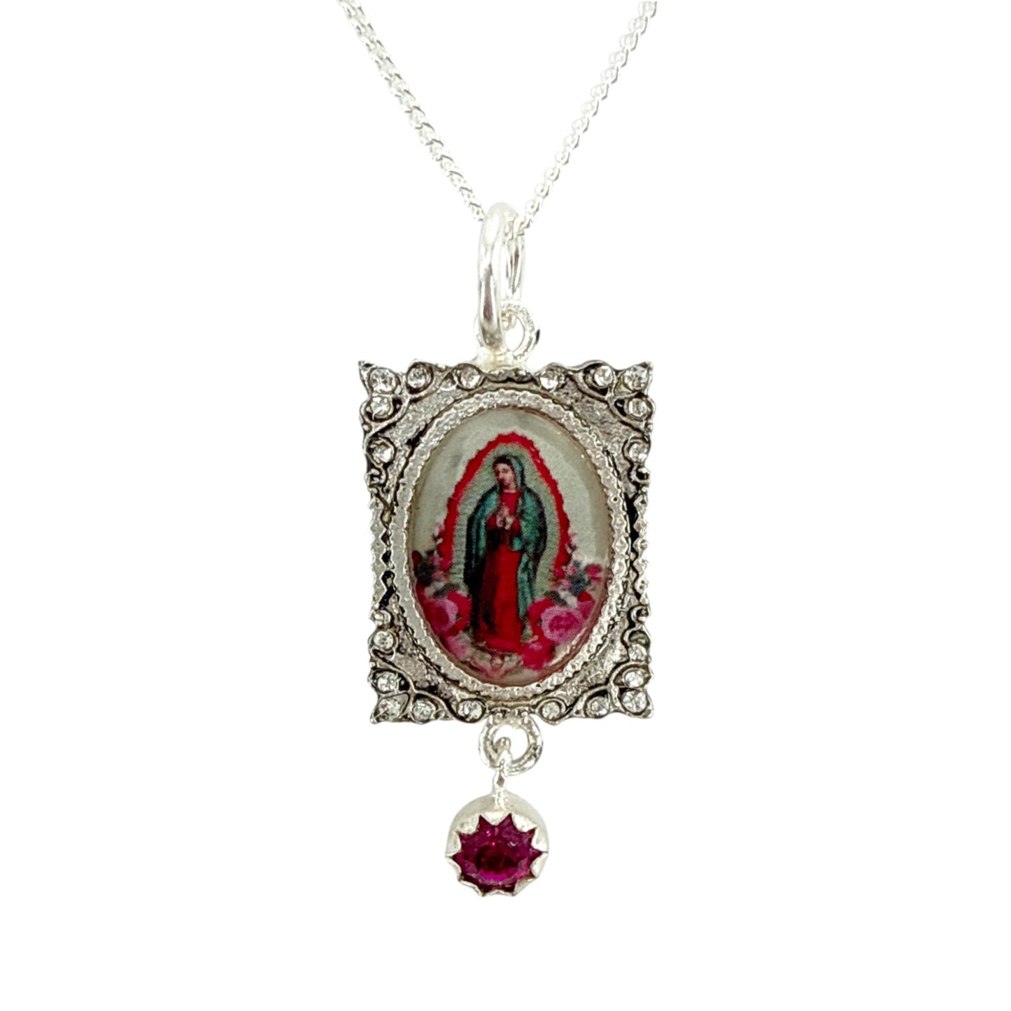 VIRGINS SAINTS & ANGELS VSA Retablo Pink Guadalupe Charm Necklace in Silver