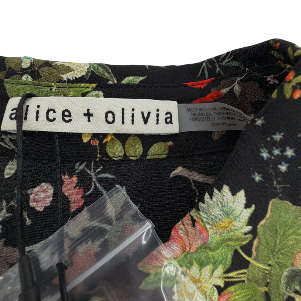 ALICE+OLIVIA Floral Ruffle Blouse in Blush Kiss Black S Alice + Olivia