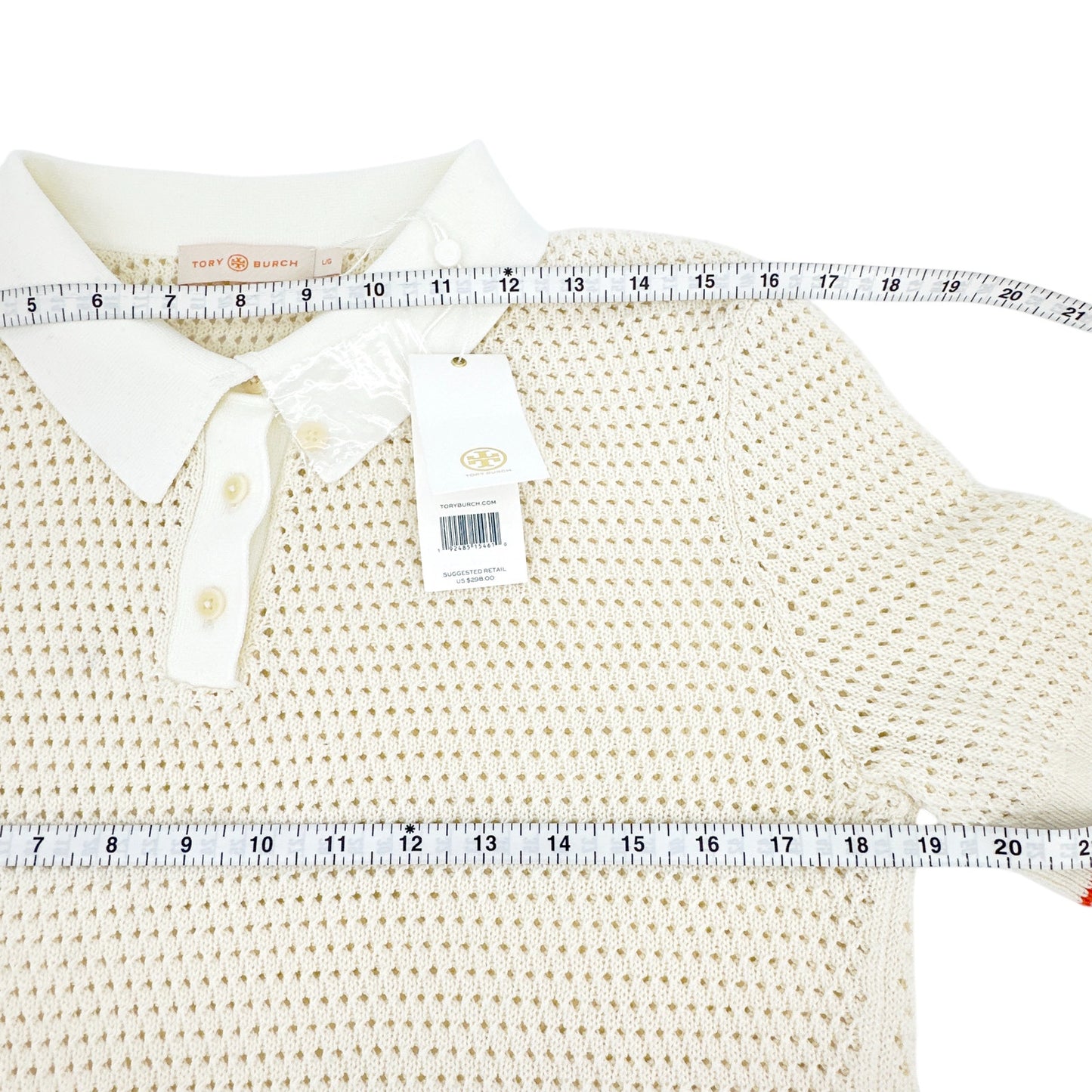 TORY BURCH Mesh Polo Sweater in White L