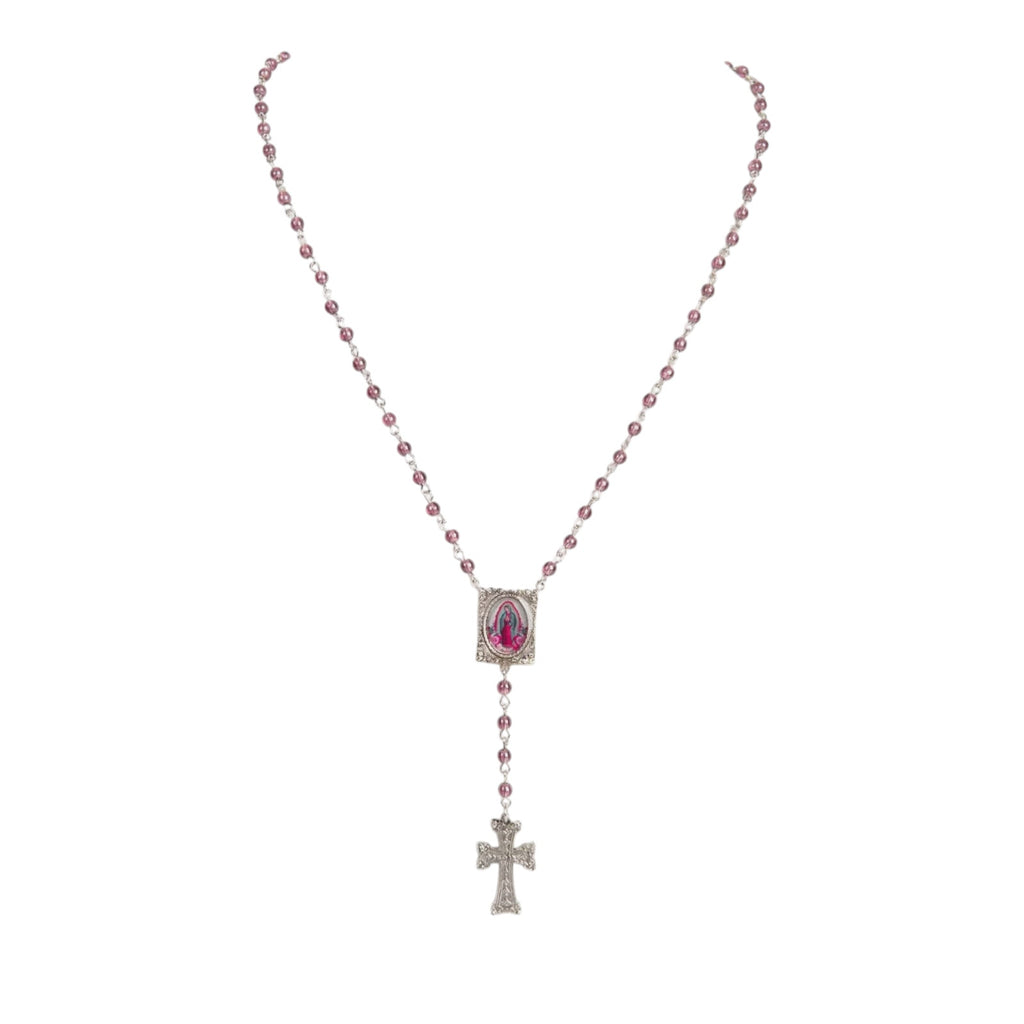 VIRGINS SAINTS & ANGELS VSA Retablo Guadalupe Rosary Necklace in Silver & Pink Virgins Saints & Angels