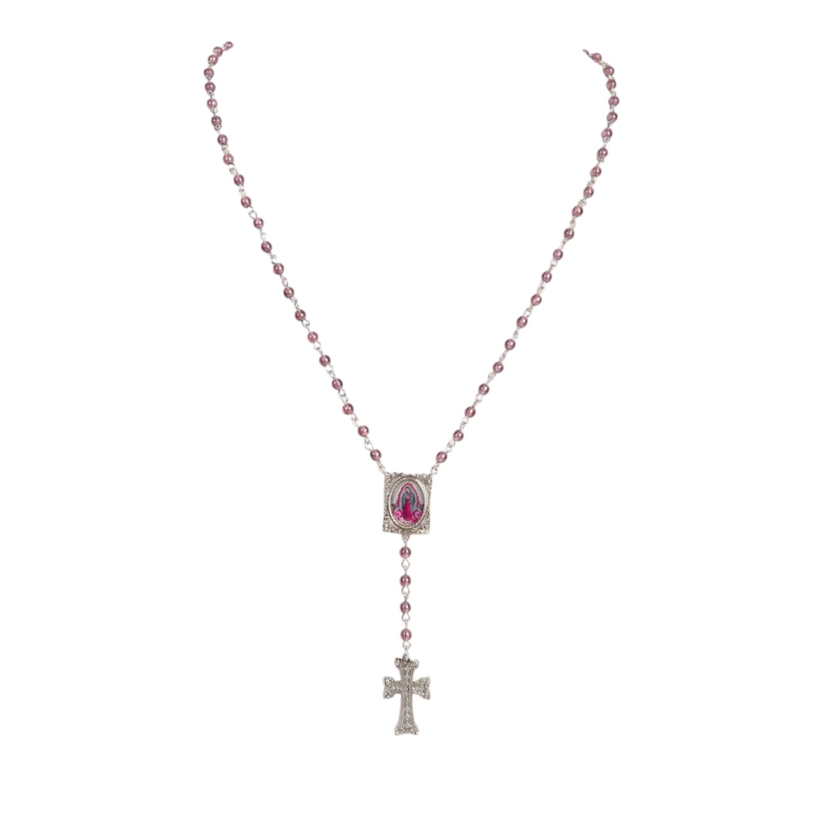 VIRGINS SAINTS & ANGELS VSA Retablo Guadalupe Rosary Necklace in Silver & Pink Virgins Saints & Angels