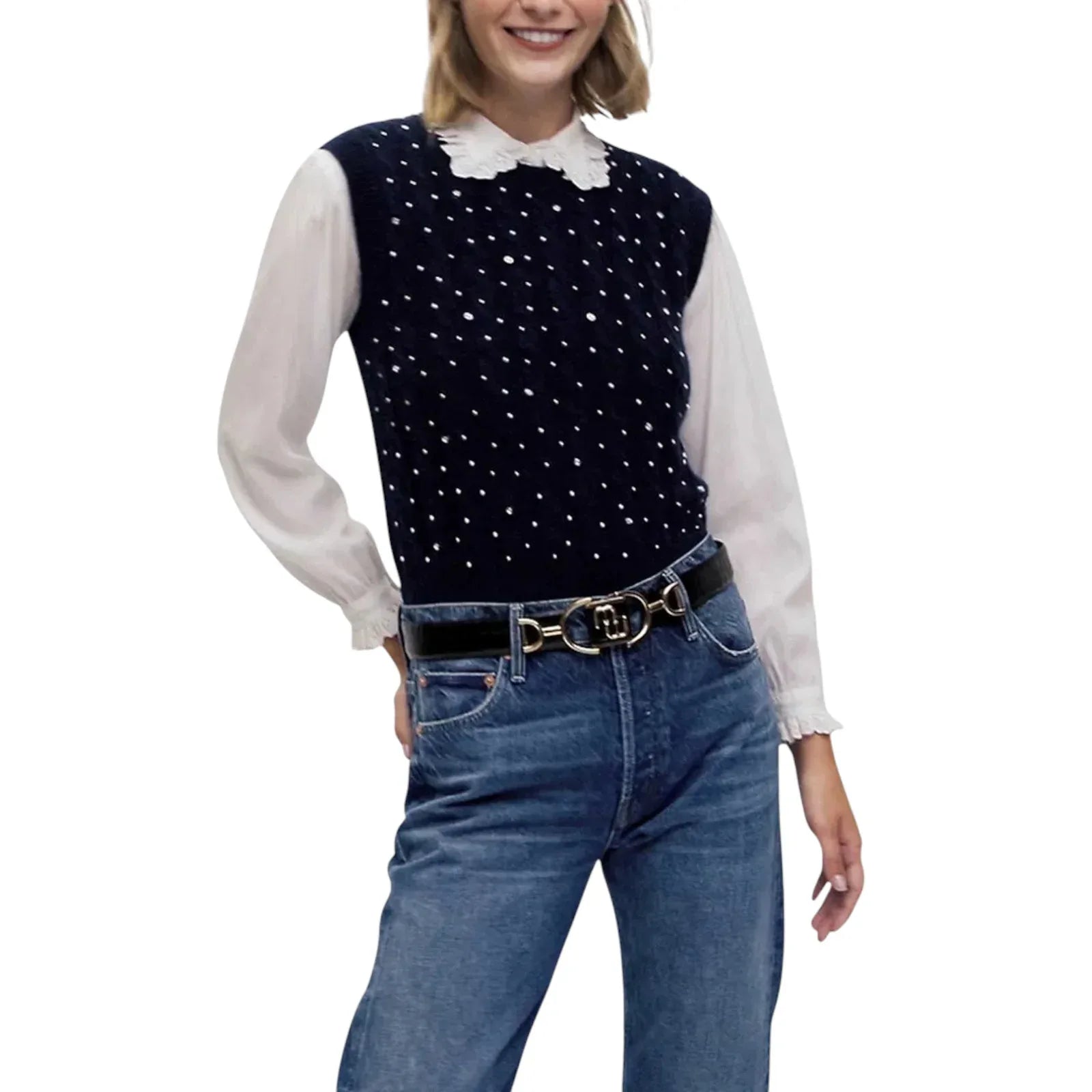 MAJE Maela Embellished Sweater Vest in Marine 3|L - flyKAMP