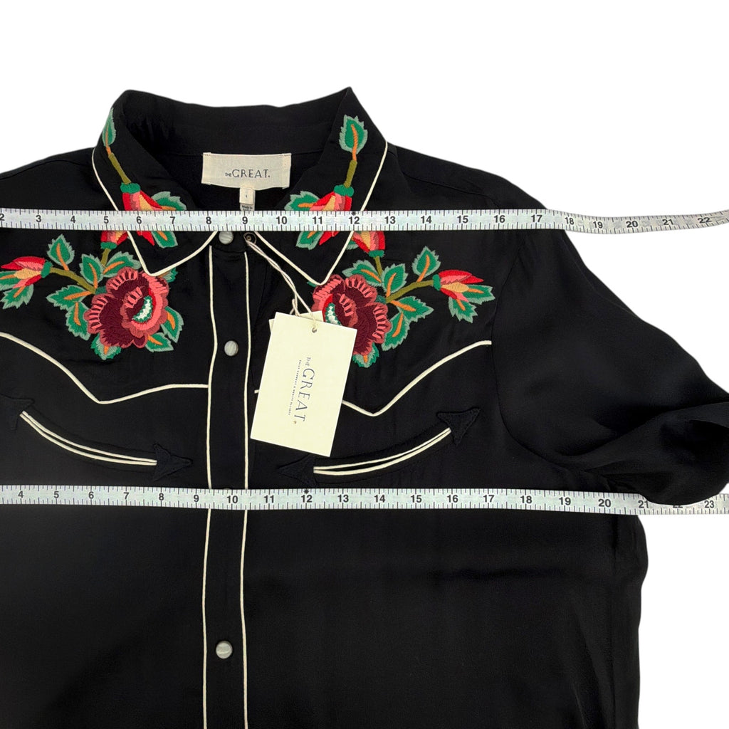 THE GREAT. The Heirloom Rose Western Shirt in Black 1|S The Great.