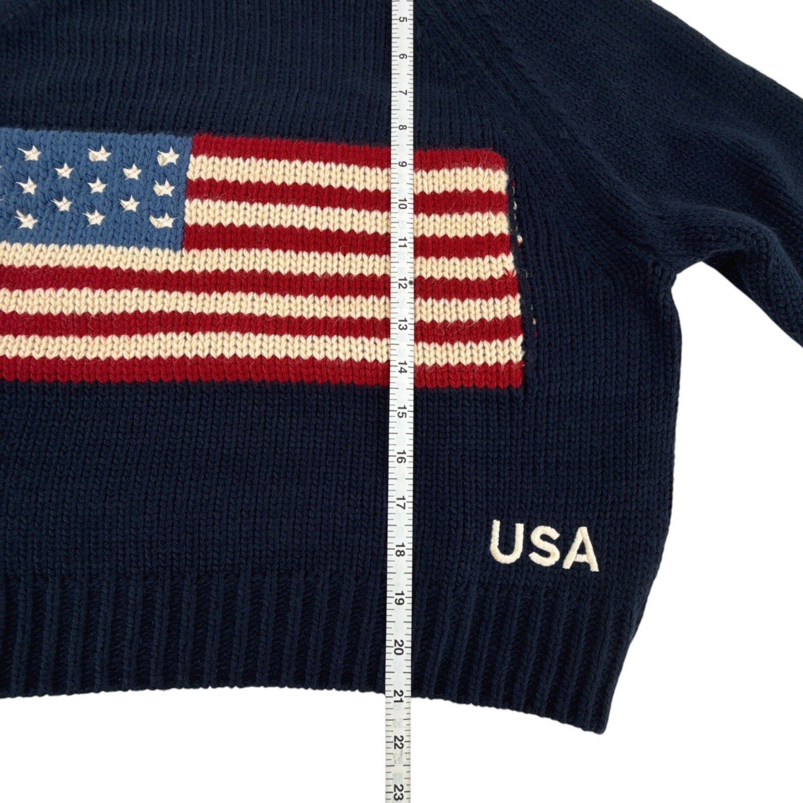 PINK PINEAPPLE Crop Vintage Acrylic Flag Sweater in Navy XS/S Pink Pineapple