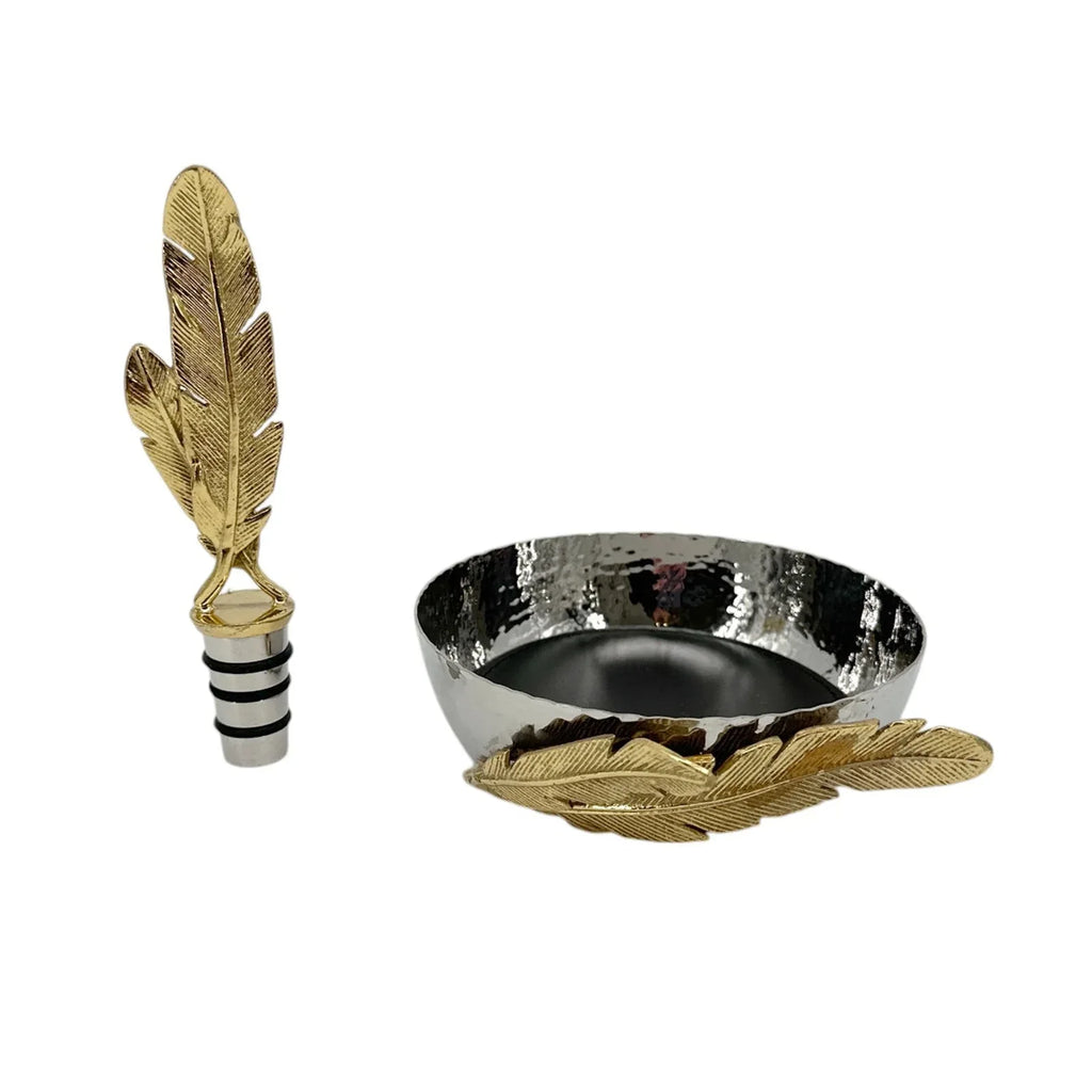 MICHAEL ARAM Gold Feather Coaster & Wine Stopper Set - flyKAMP