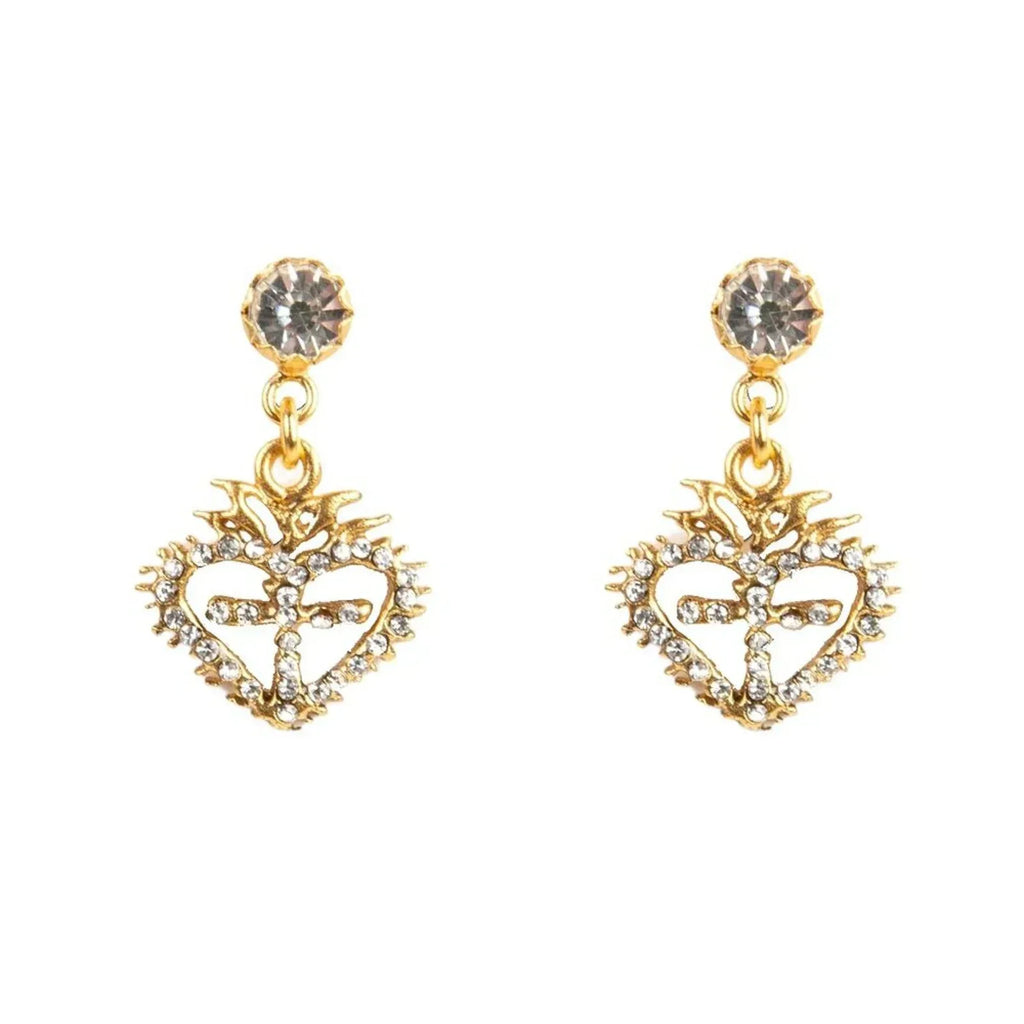 VIRGINS SAINTS & ANGELS VSA Queen of Hearts Crystal Drop Post Earrings in Gold - flyKAMP