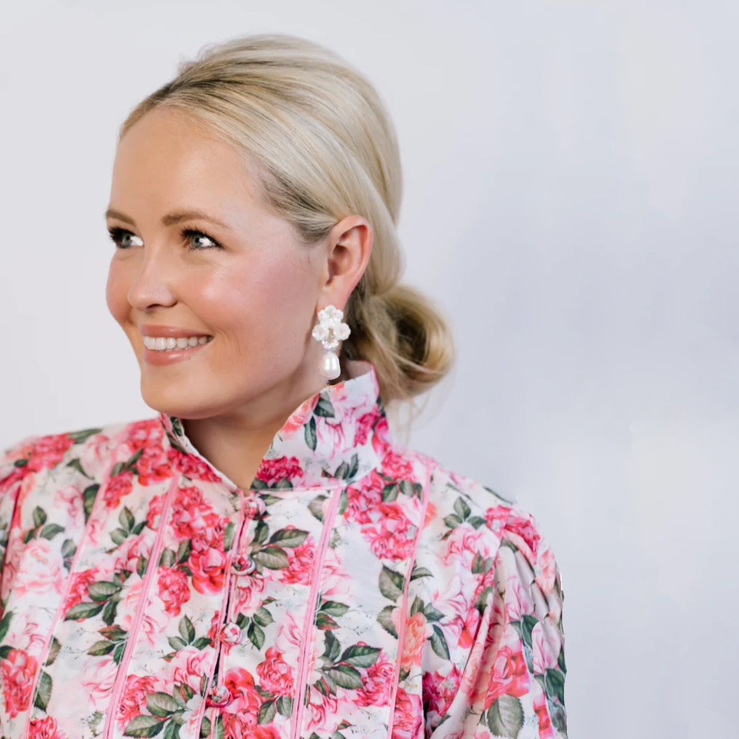 THE PINK REEF Floral Cluster with Mother-of-Pearl Drop Earrings in Ivory