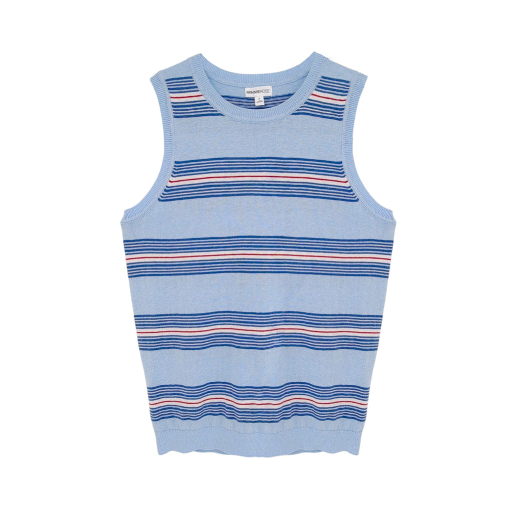 MINNIE ROSE Cotton Cashmere Striped Crew Neck Tank in Sky Blue Combo S Minnie Rose