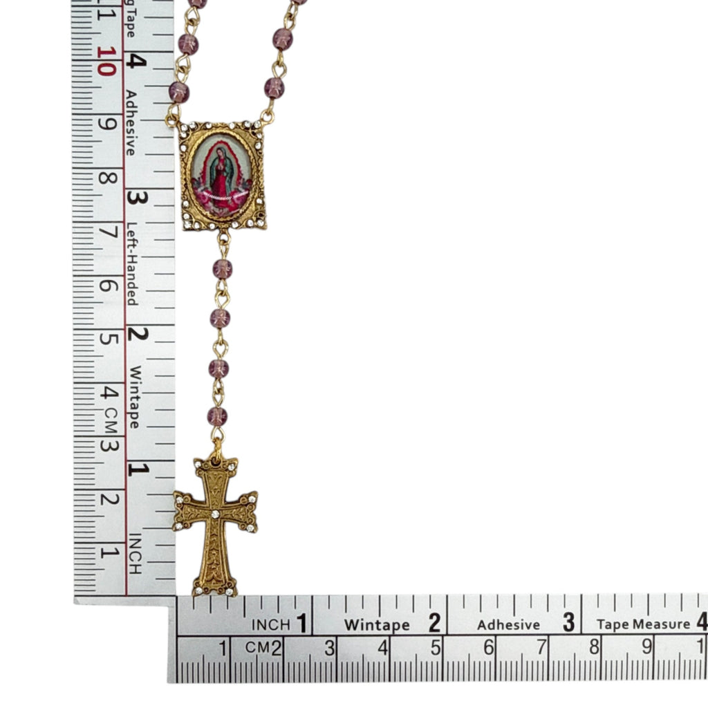VIRGINS SAINTS & ANGELS VSA Retablo Guadalupe Rosary Necklace in Gold & Pink Virgins Saints & Angels