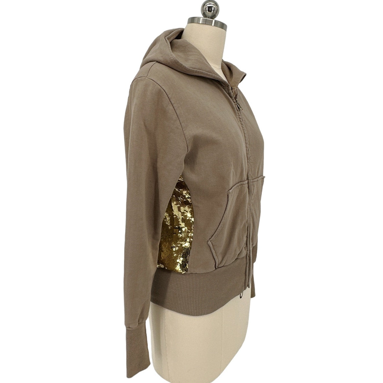 PRIMP Sequin Zip Hoodie in Tan & Gold S