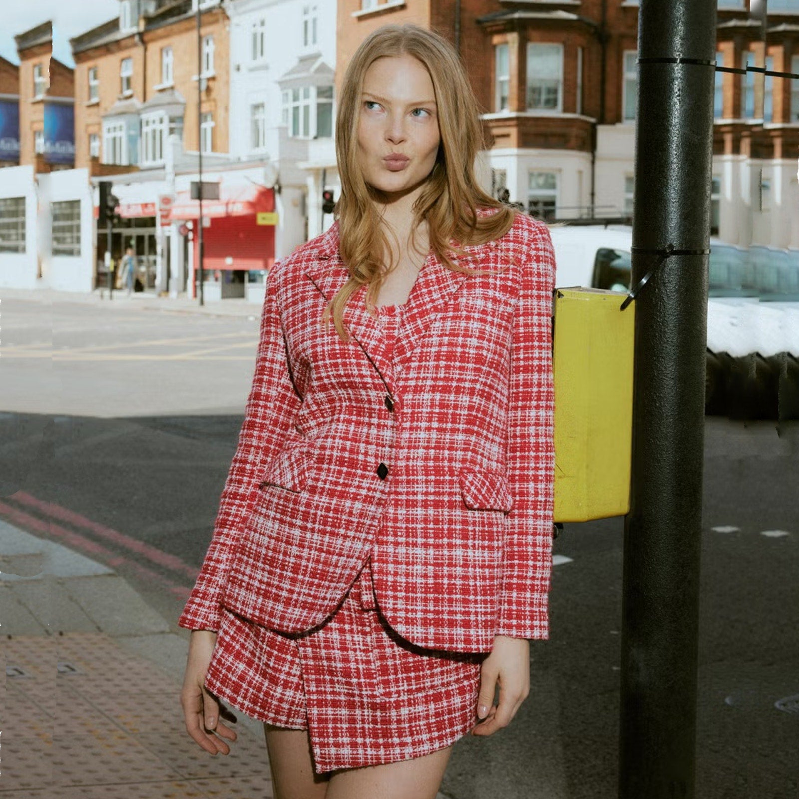 SELF-PORTRAIT Bouclé Checked Blazer in Red Self-Portrait
