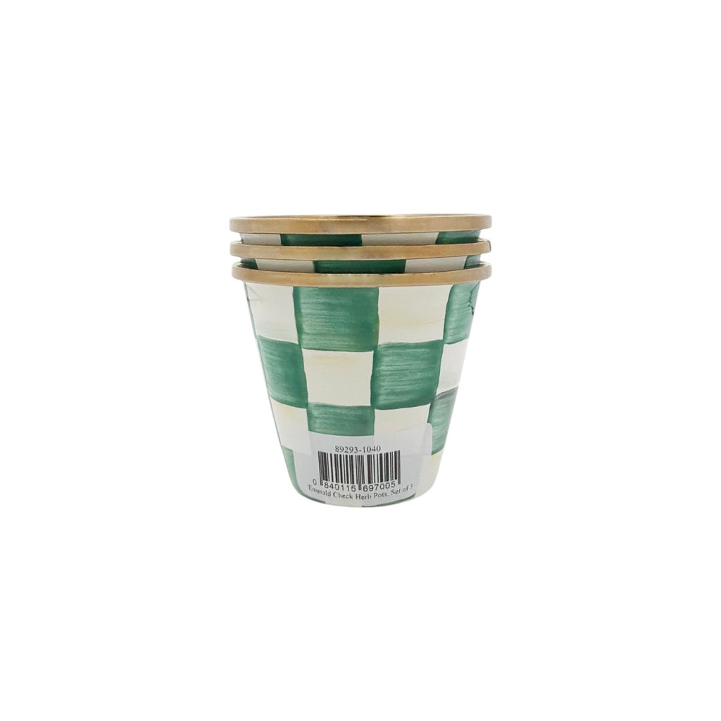 MACKENZIE-CHILDS Herb Pots in Emerald Check Set of 3 Mackenzie-Childs