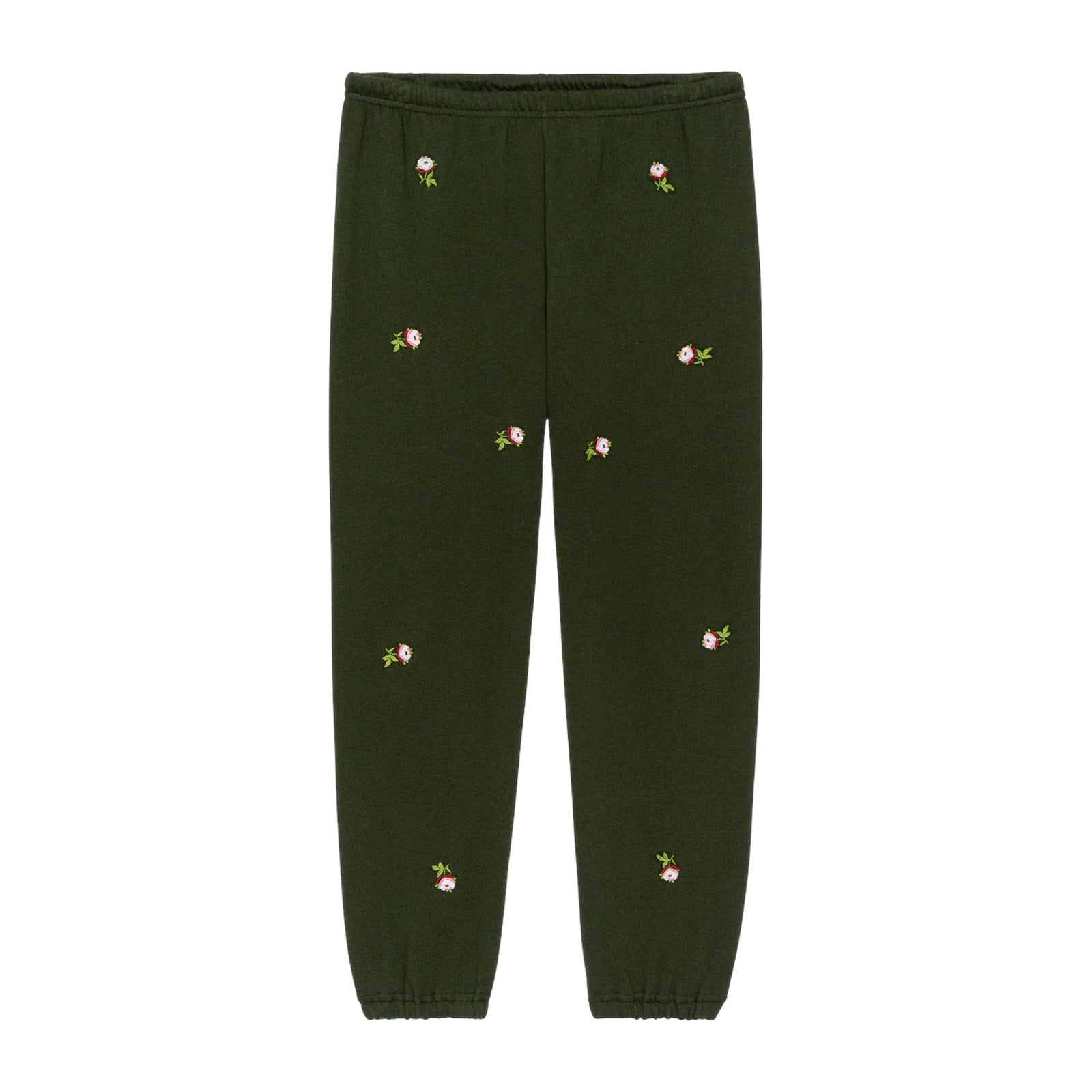 THE GREAT. The Stadium Sweatpant. Woodland Green With Embroidered Roses 0|XS The Great.