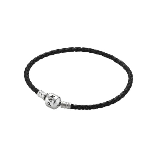 PANDORA Moments Woven Leather Bracelet with Silver Clasp in Black 17cm