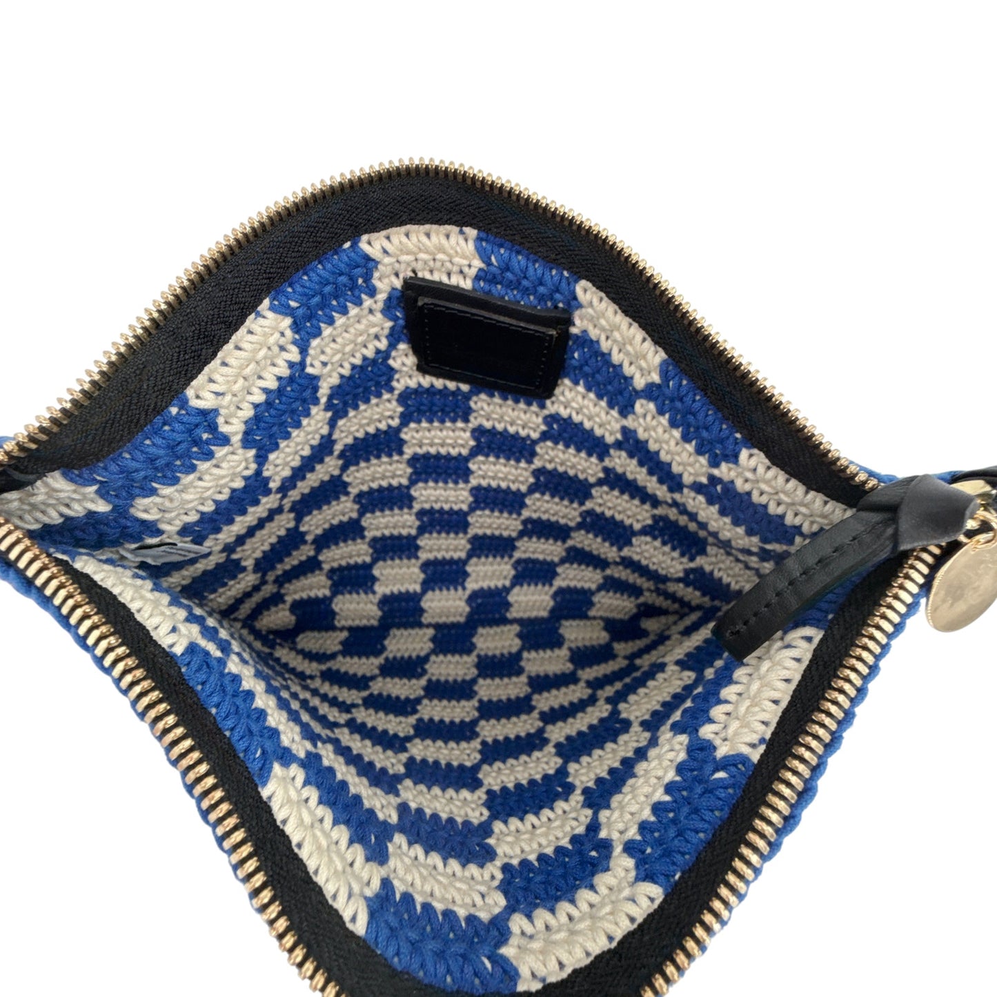 CLARE V. Foldover Clutch in Cobalt & Cream Crochet with Chain Shoulder Strap