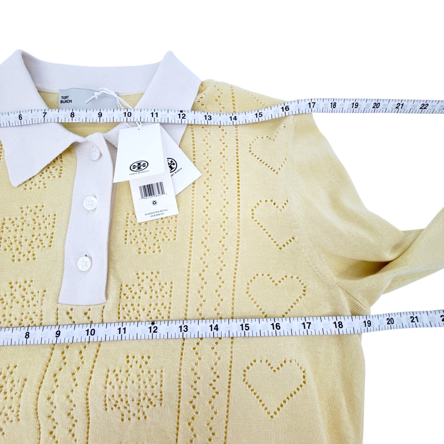 TORY BURCH Heart Pointelle Wool Collar Sweater in Sweet Butter L