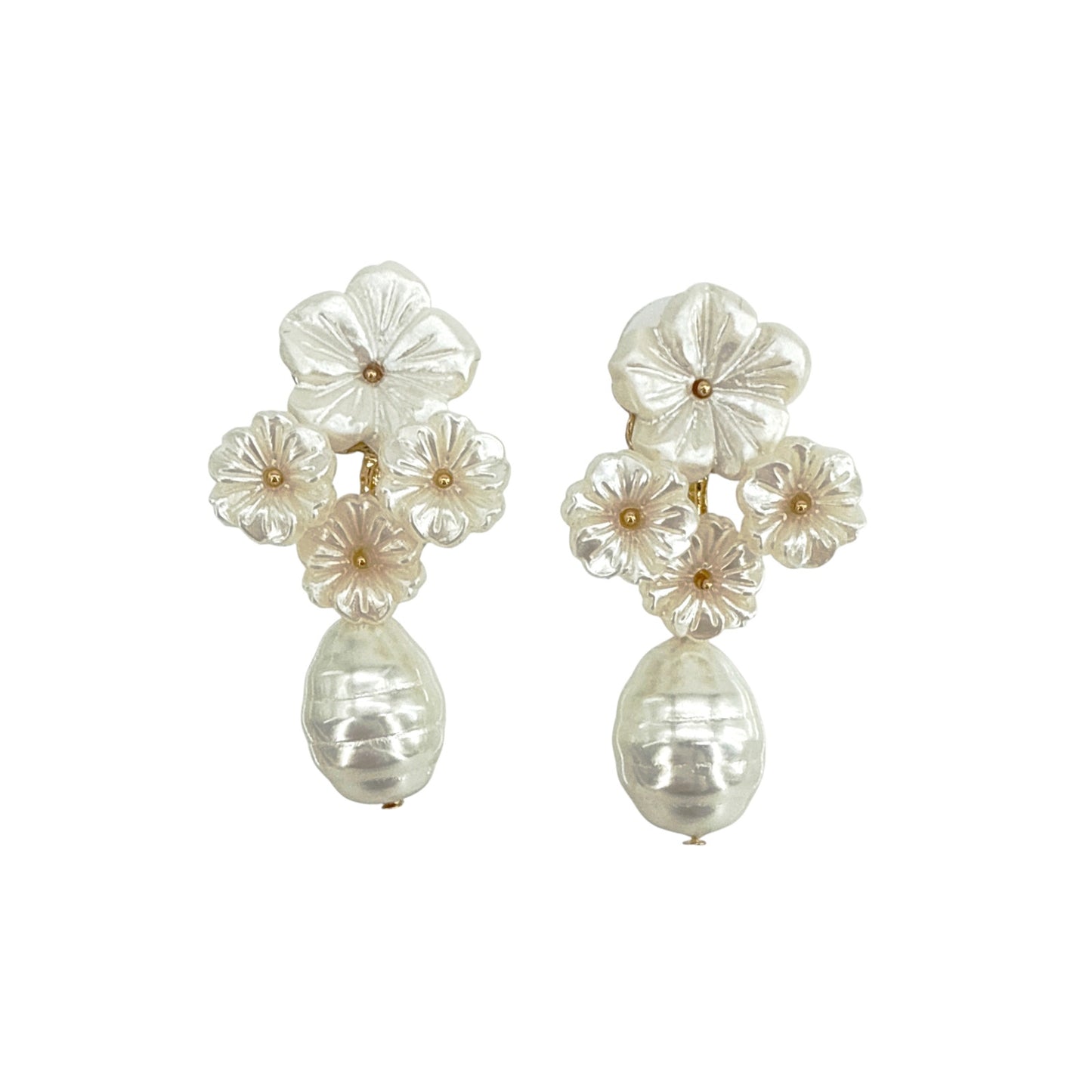 THE PINK REEF Floral Cluster with Mother-of-Pearl Drop Earrings in Ivory