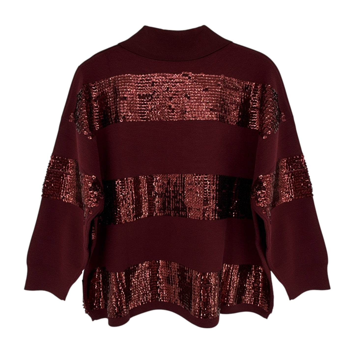 ESSENTIEL ANTWERP Illuminati Sequin Striped Polo Shirt in Wine S