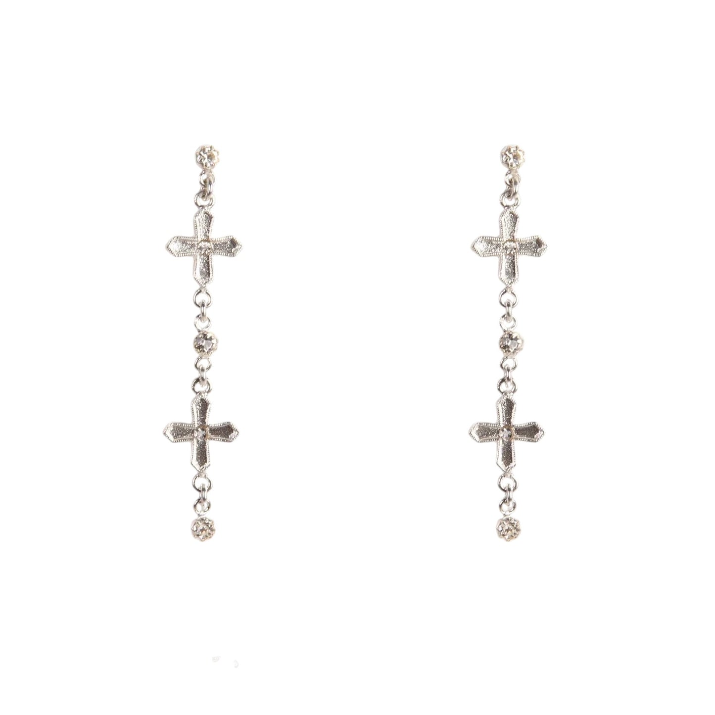 VIRGINS SAINTS & ANGELS VSA Peace Cross 2 Crystal Drop Post Earrings in Silver