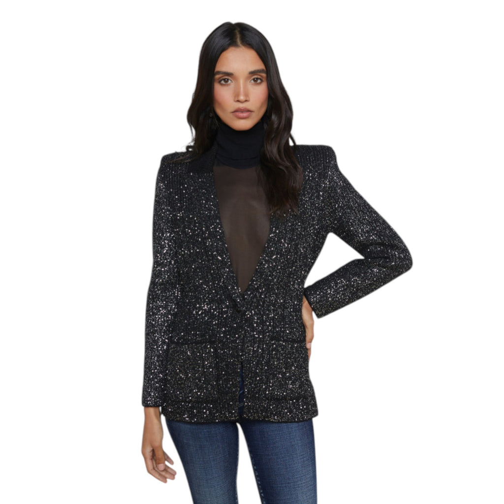 L'AGENCE Leonora Sequin Knit Blazer in Black Silver Sequin S L'Agence