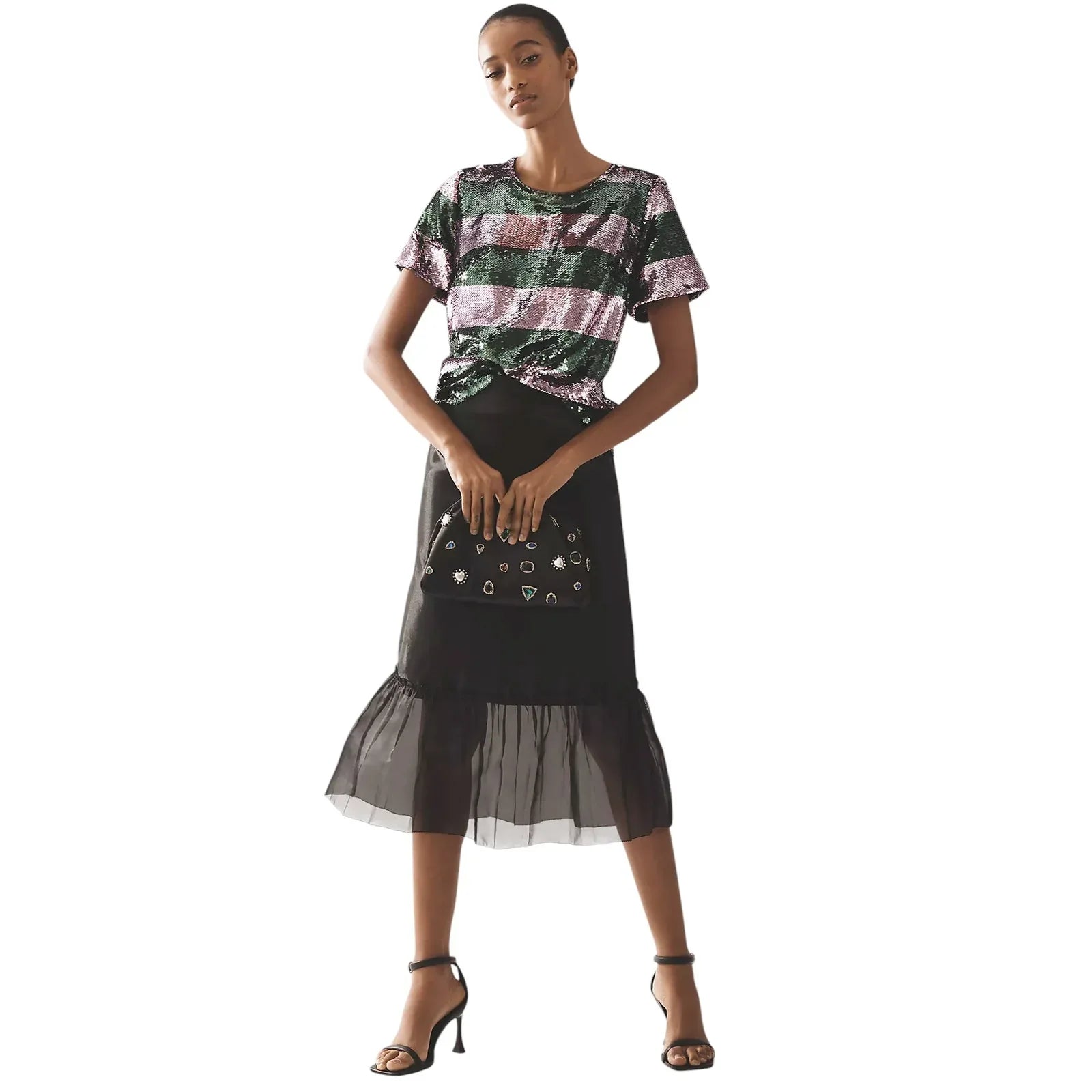 ANTHROPOLOGIE Maeve Short-Sleeve Sequin Striped Top S - flyKAMP