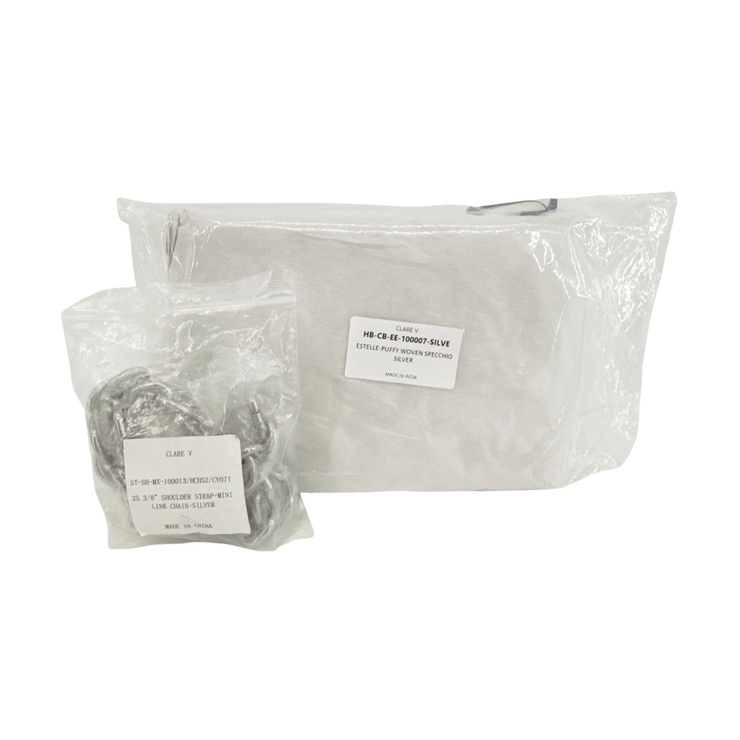 CLARE V. Estelle Clutch Specchio Puffy Woven & Mini Link Shoulder Strap Silver