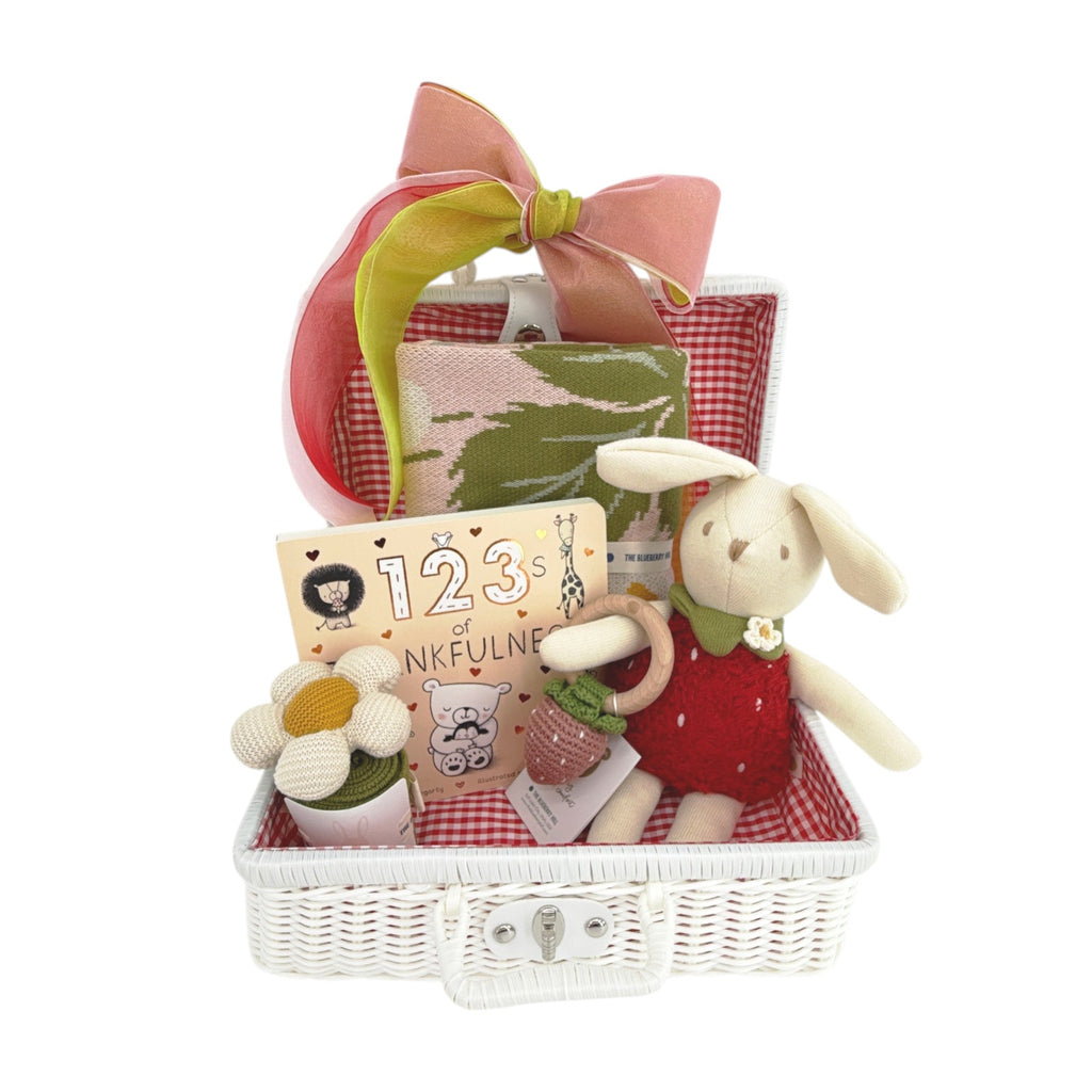 THE BLUEBERRY HILL Strawberry Bunny Baby Gift Basket: Wicker Suitcase The Blueberry Hill