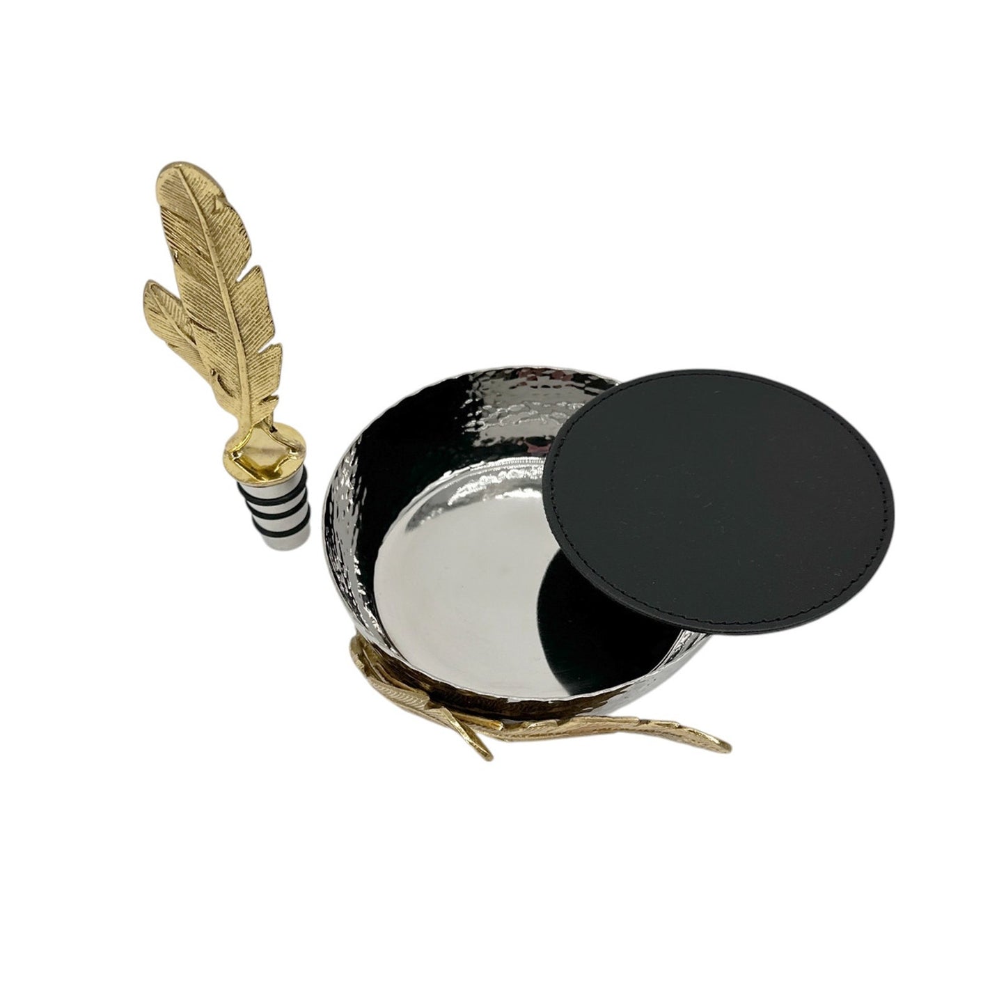 MICHAEL ARAM Gold Feather Coaster & Wine Stopper Set